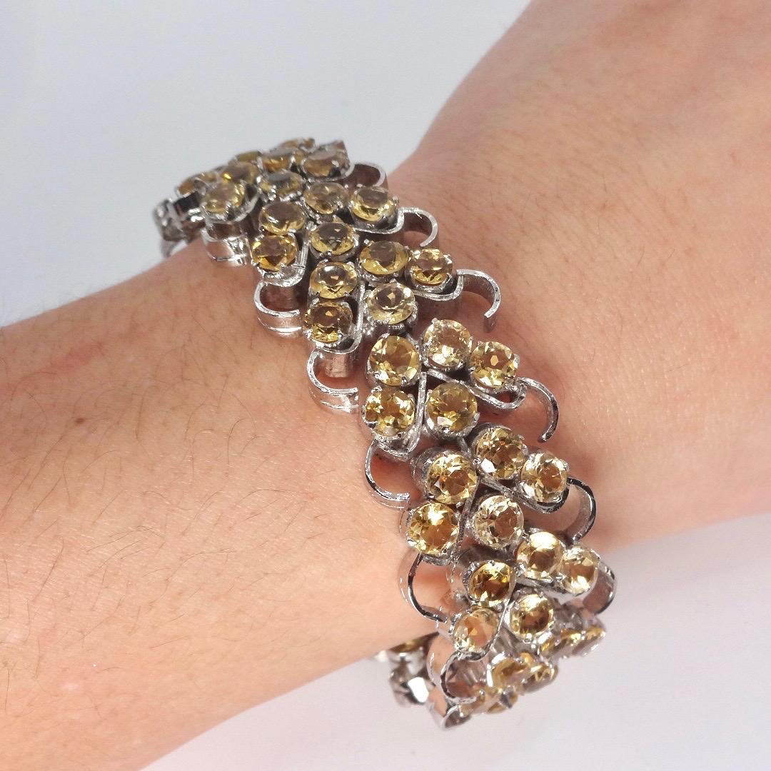 Vintage Gold Citrine Statement Bracelet Deco 925 Sterling Silver Chunky Tennis