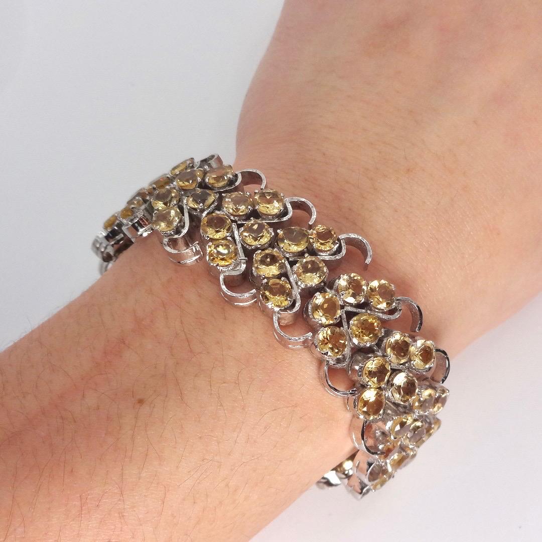 Vintage Gold Citrine Statement Bracelet Deco 925 Sterling Silver Chunky Tennis