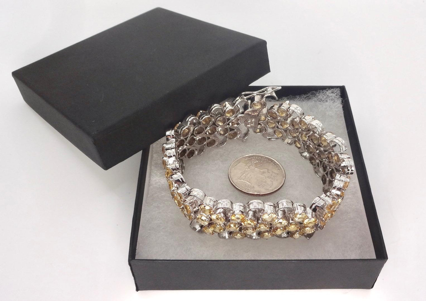 Vintage Gold Citrine Statement Bracelet Deco 925 Sterling Silver Chunky Tennis
