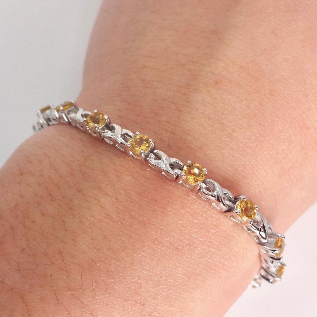 Vintage Gold Citrine Bracelet Deco 925 Sterling Silver Tennis