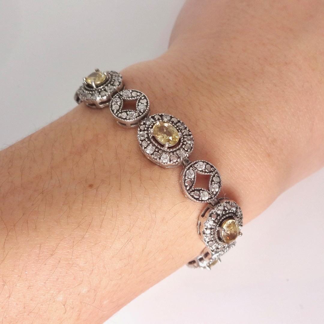 Vintage Gold Citrine Bracelet Deco 925 Sterling Silver Tennis