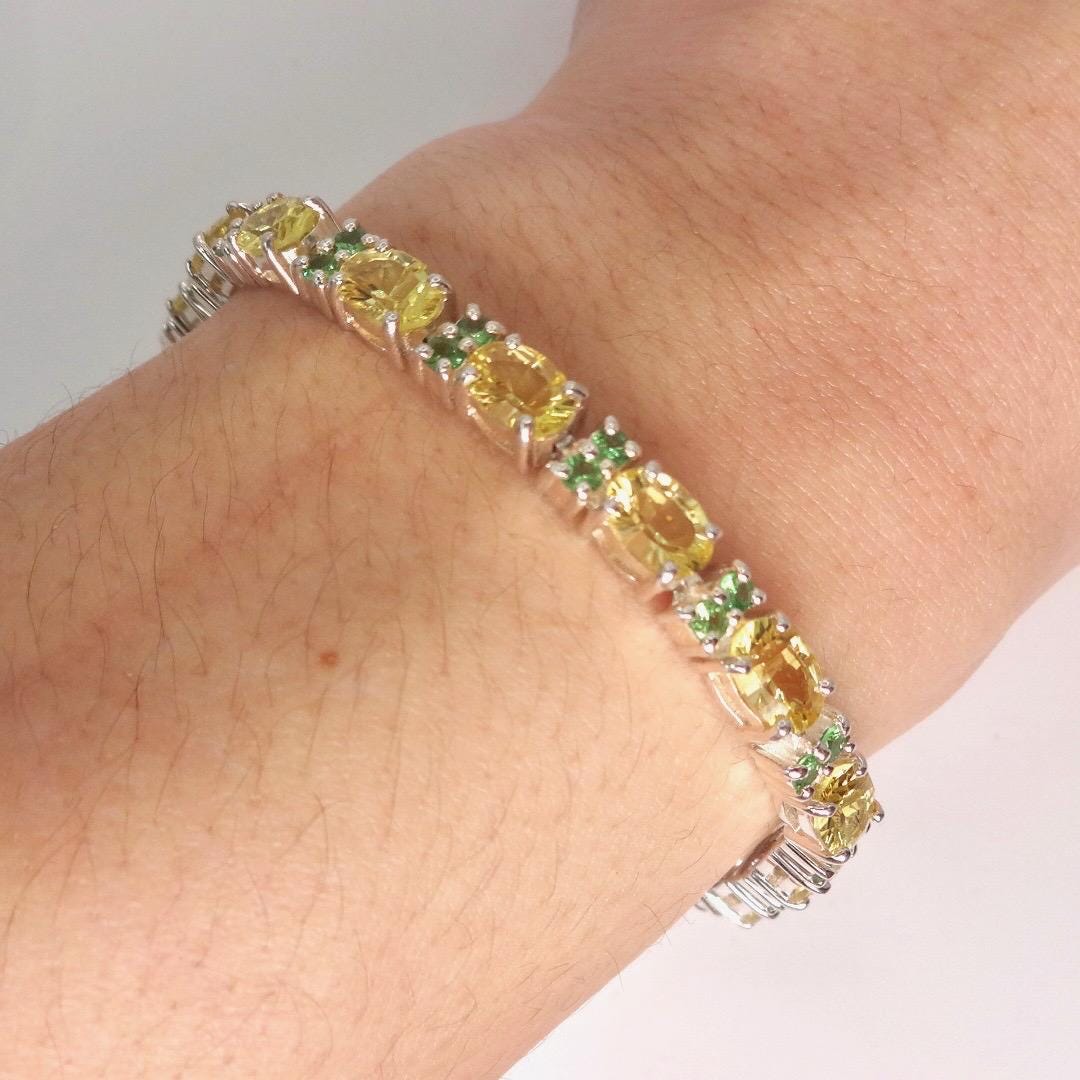 Vintage Handmade Genuine Golden Lemon Quartz Green Chrome Diopside 925 Sterling Silver Tennis Bracelet