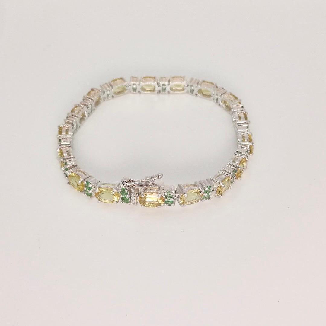 Vintage Handmade Genuine Golden Lemon Quartz Green Chrome Diopside 925 Sterling Silver Tennis Bracelet