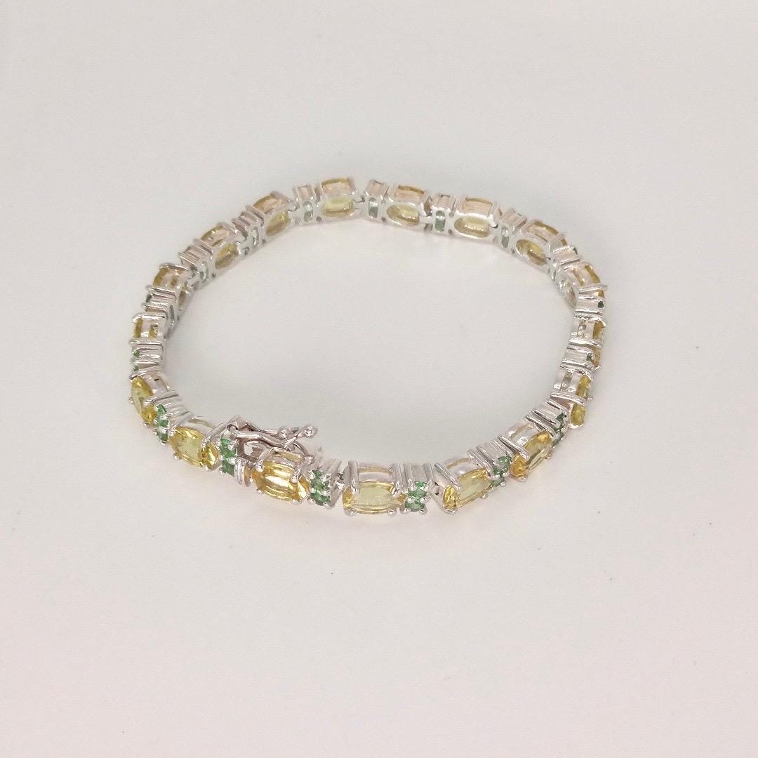 Vintage Handmade Genuine Golden Lemon Quartz Green Chrome Diopside 925 Sterling Silver Tennis Bracelet