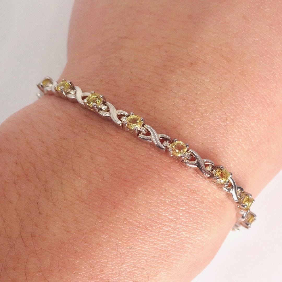 Vintage Gold Citrine Bracelet Deco 925 Sterling Silver Tennis