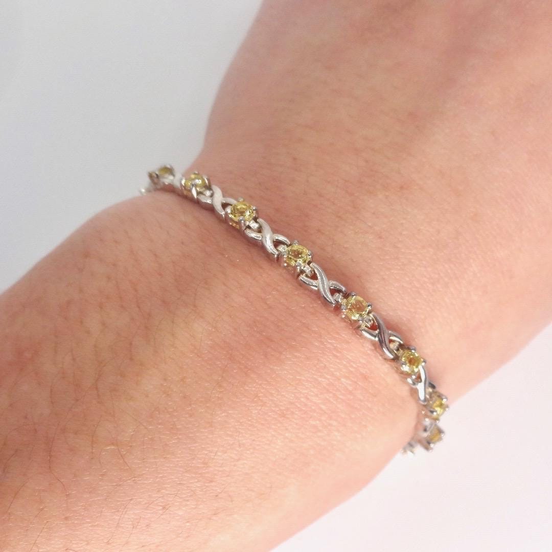 Vintage Gold Citrine Bracelet Deco 925 Sterling Silver Tennis