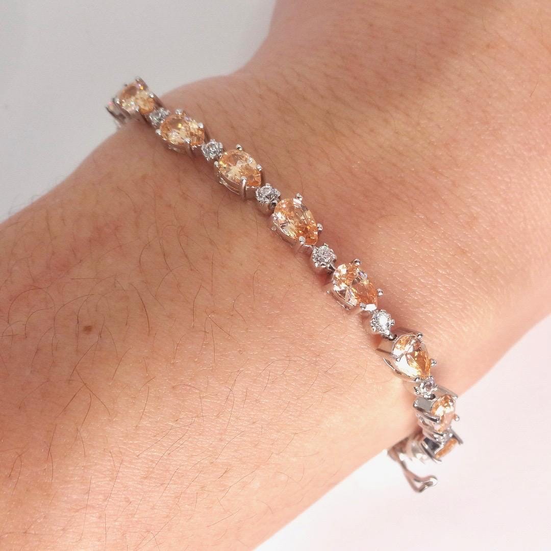 Vintage Gold Citrine Bracelet Deco 925 Sterling Silver Tennis