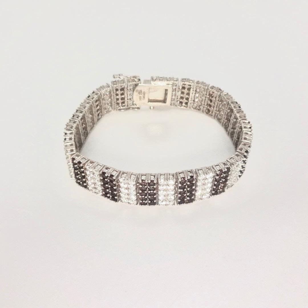 Handmade Genuine Smoky Topaz and White Sapphires 925 Sterling Silver Tennis Bracelet