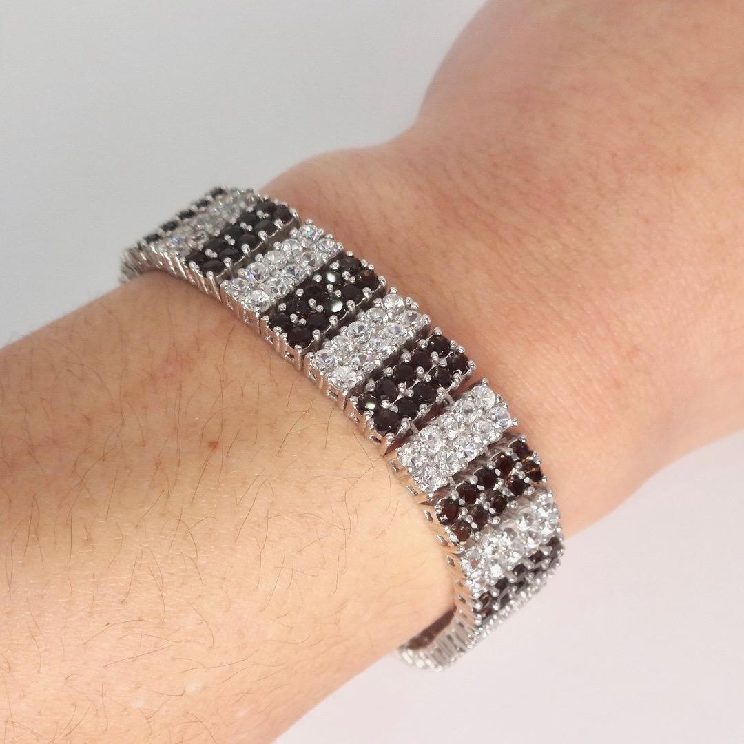 Handmade Genuine Smoky Topaz and White Sapphires 925 Sterling Silver Tennis Bracelet