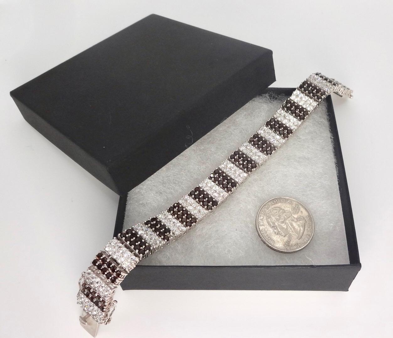 Handmade Genuine Smoky Topaz and White Sapphires 925 Sterling Silver Tennis Bracelet