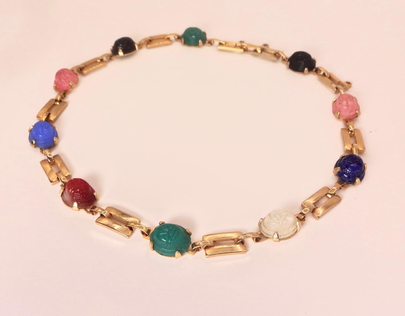 Vintage Green Jade Mixed Stone scarab Yellow 12k Gold Fill Necklace