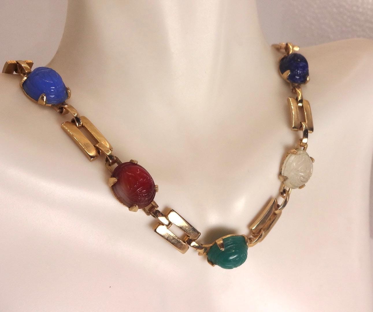 Vintage Green Jade Mixed Stone scarab Yellow 12k Gold Fill Necklace