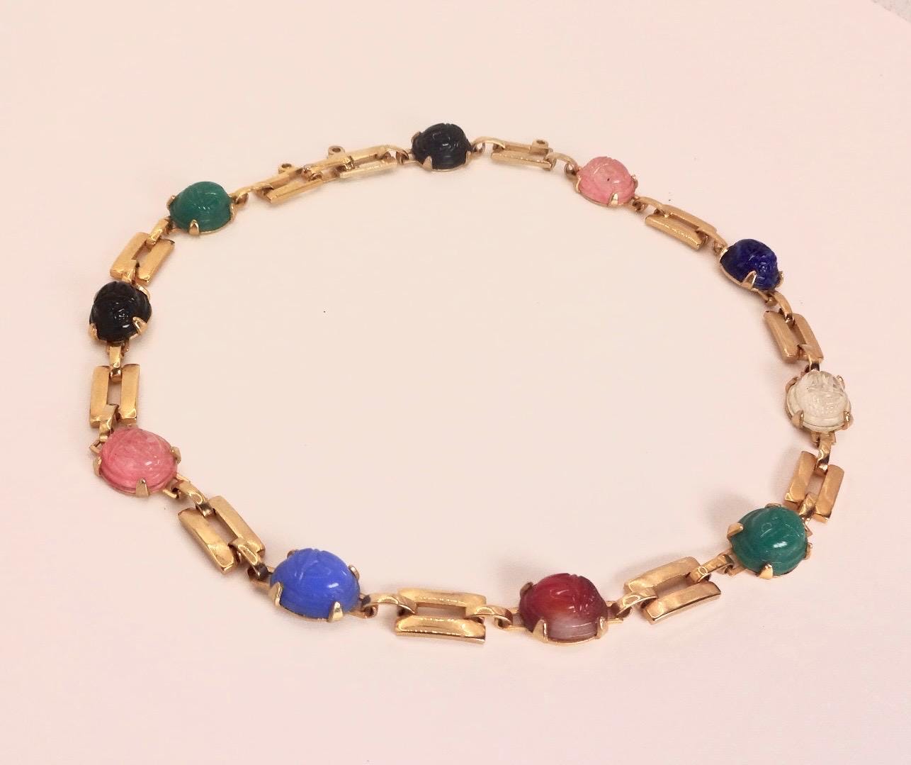 Vintage Green Jade Mixed Stone scarab Yellow 12k Gold Fill Necklace