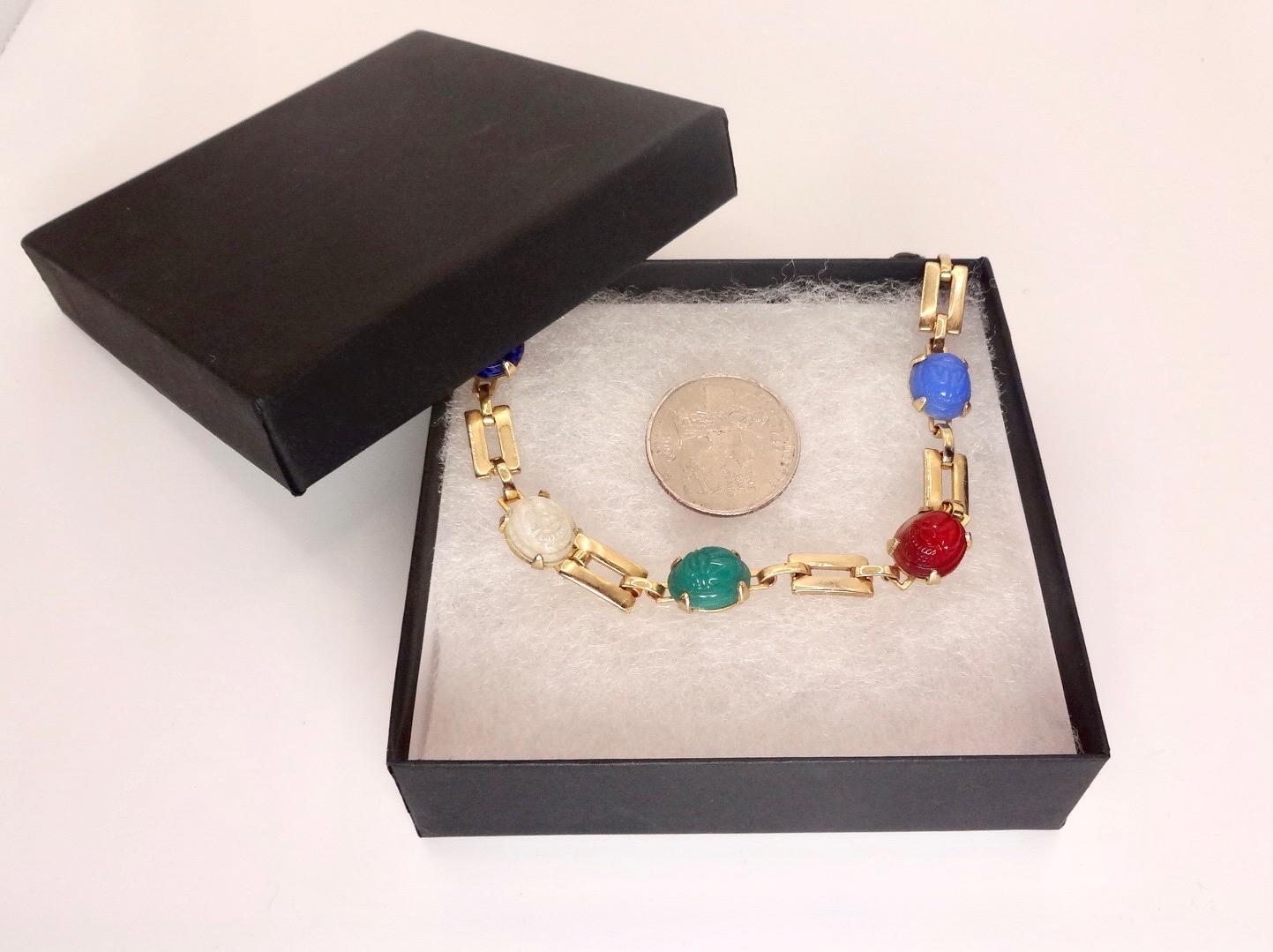 Vintage Green Jade Mixed Stone scarab Yellow 12k Gold Fill Necklace