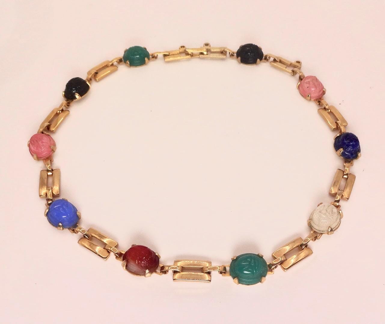 Vintage Green Jade Mixed Stone scarab Yellow 12k Gold Fill Necklace