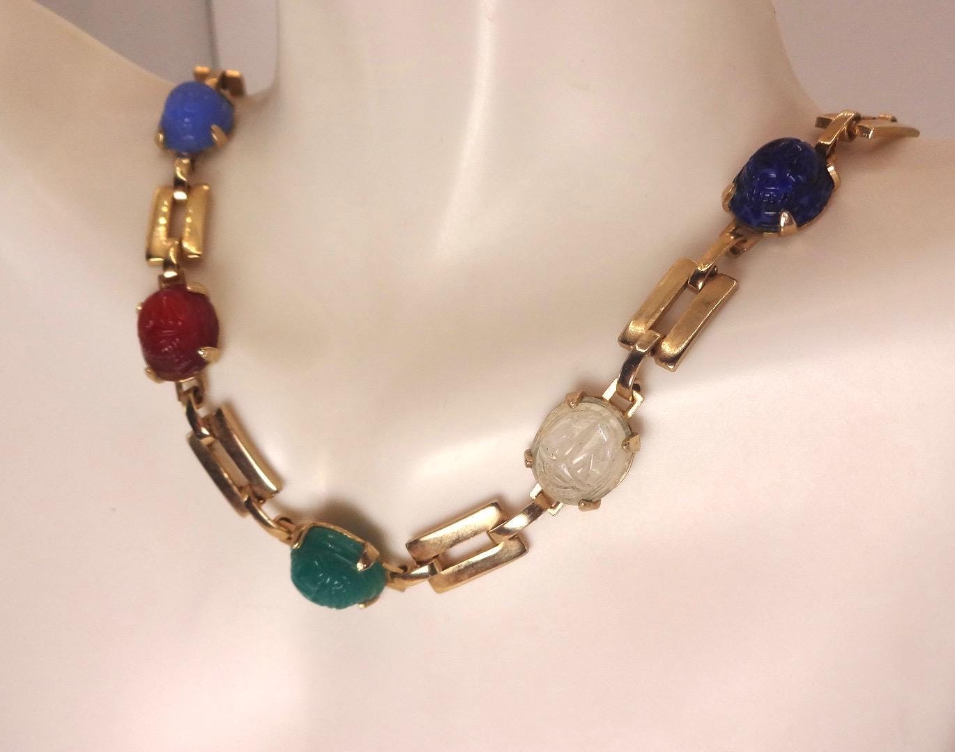 Vintage Green Jade Mixed Stone scarab Yellow 12k Gold Fill Necklace