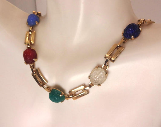 Vintage Green Jade Mixed Stone scarab Yellow 12k Gold Fill Necklace