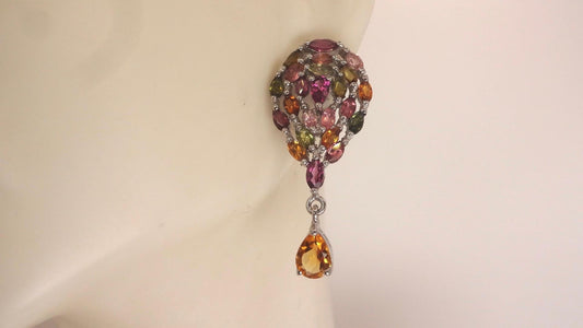 Vintage Genuine Mixed Pink Color Tourmaline 925 Sterling Silver Golden Chandelier Dangle Earrings