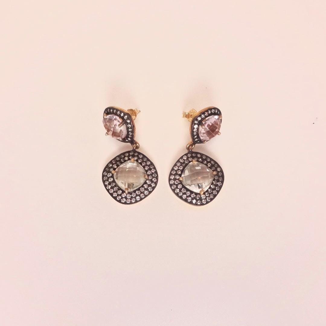 Vintage Genuine White Sapphire Mixed Gemstone Filigree Sterling Silver Dangle Earrings