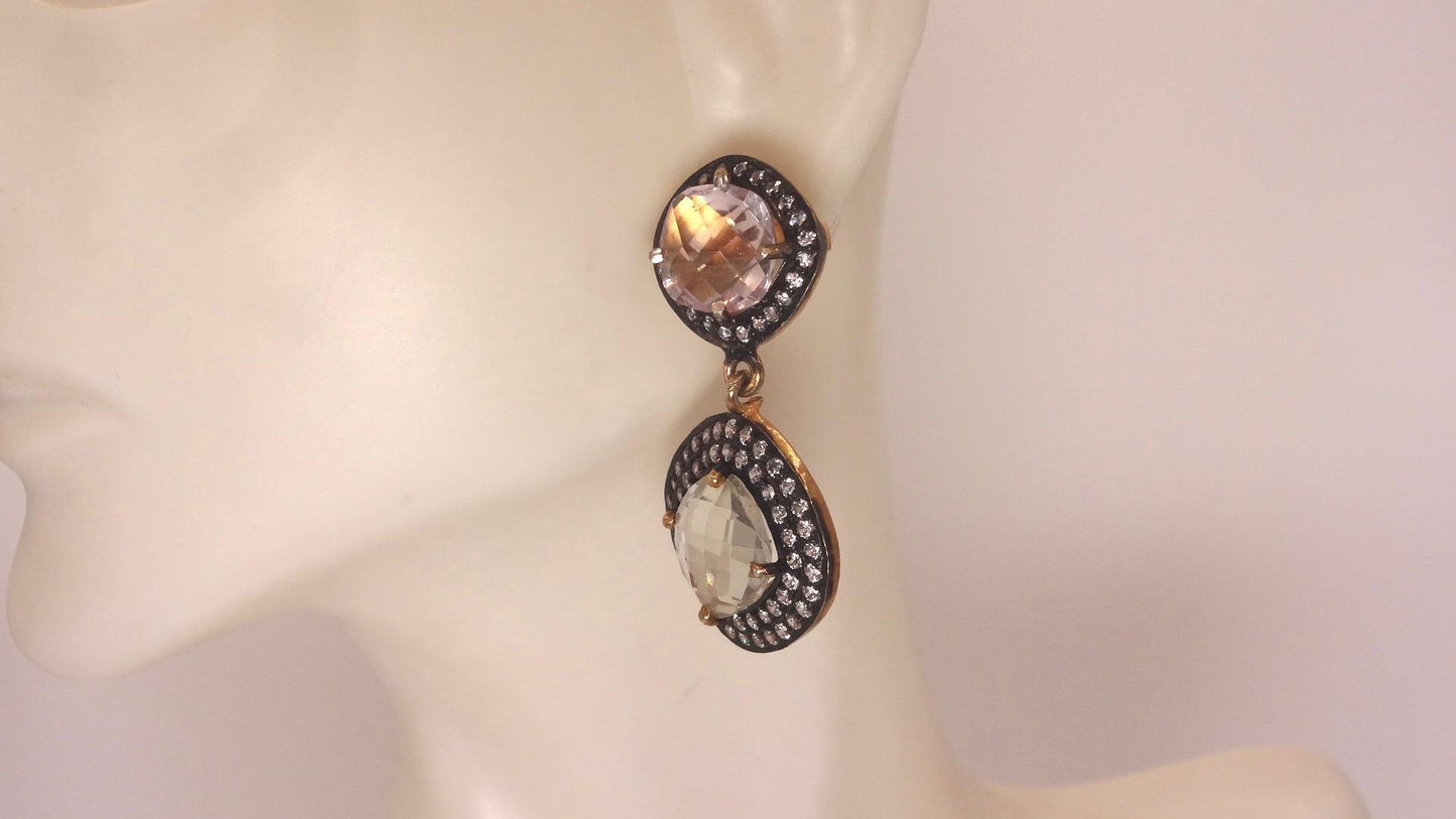 Vintage Genuine White Sapphire Mixed Gemstone Filigree Sterling Silver Dangle Earrings