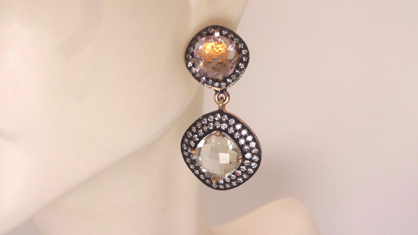 Vintage Genuine White Sapphire Mixed Gemstone Filigree Sterling Silver Dangle Earrings