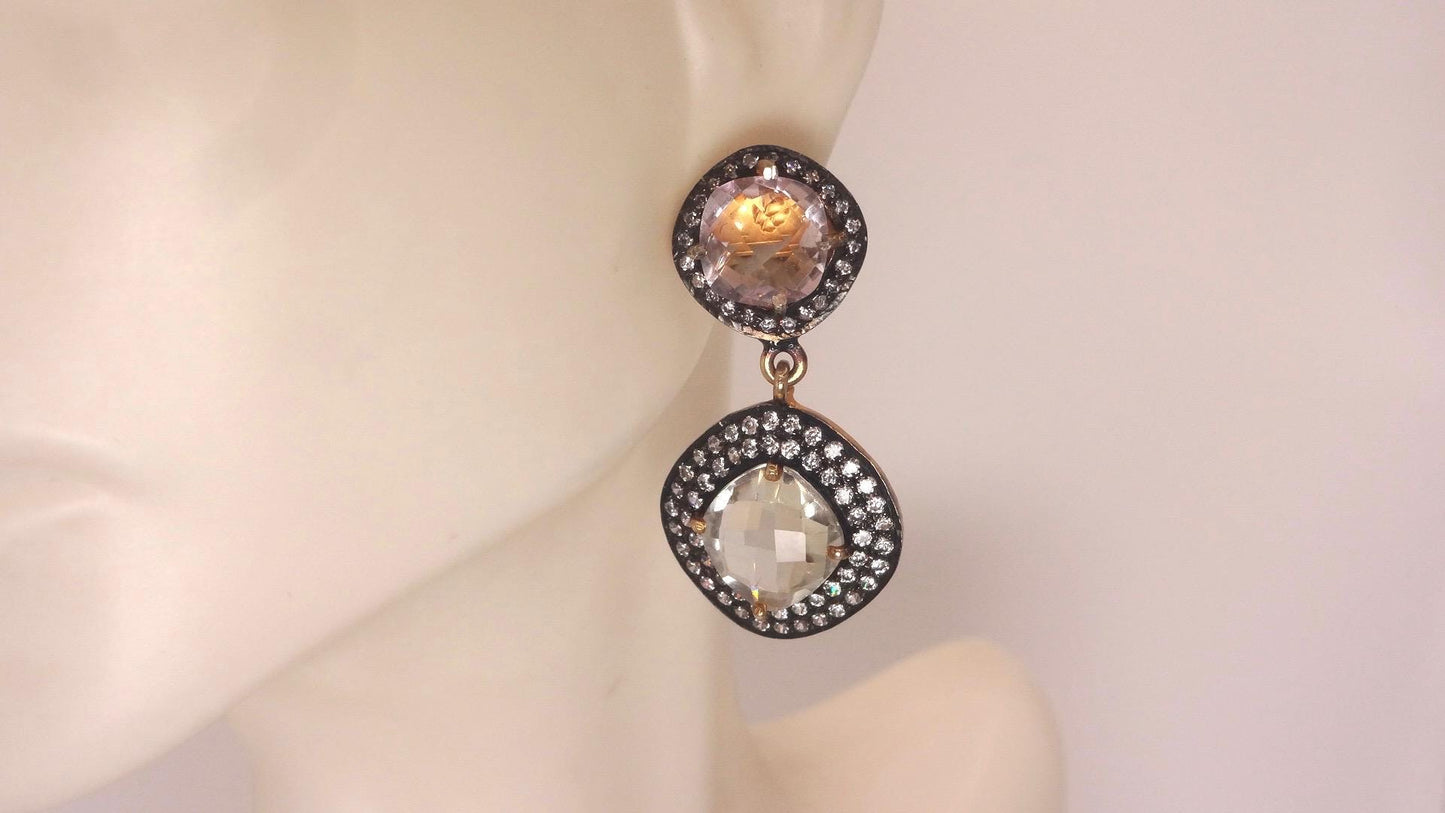 Vintage Genuine White Sapphire Mixed Gemstone Filigree Sterling Silver Dangle Earrings