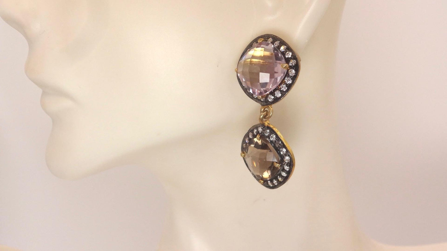 Vintage Genuine White Sapphire Mixed Gemstone Filigree Sterling Silver Dangle Earrings