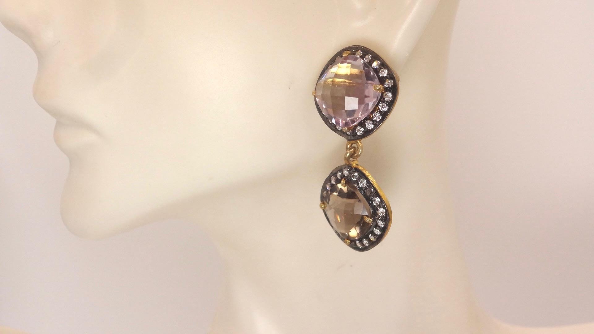 Vintage Genuine White Sapphire Mixed Gemstone Filigree Sterling Silver Dangle Earrings