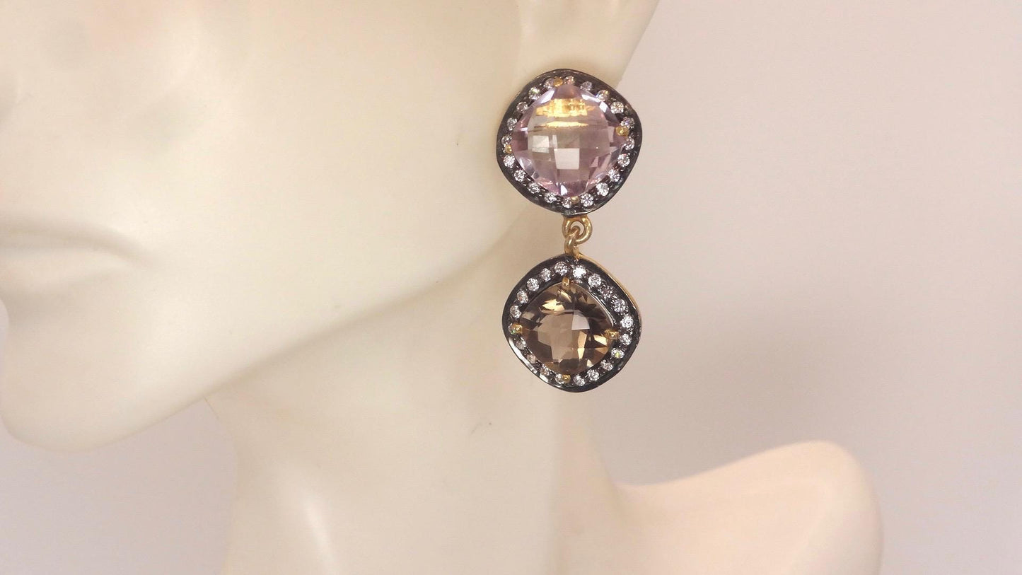 Vintage Genuine White Sapphire Mixed Gemstone Filigree Sterling Silver Dangle Earrings