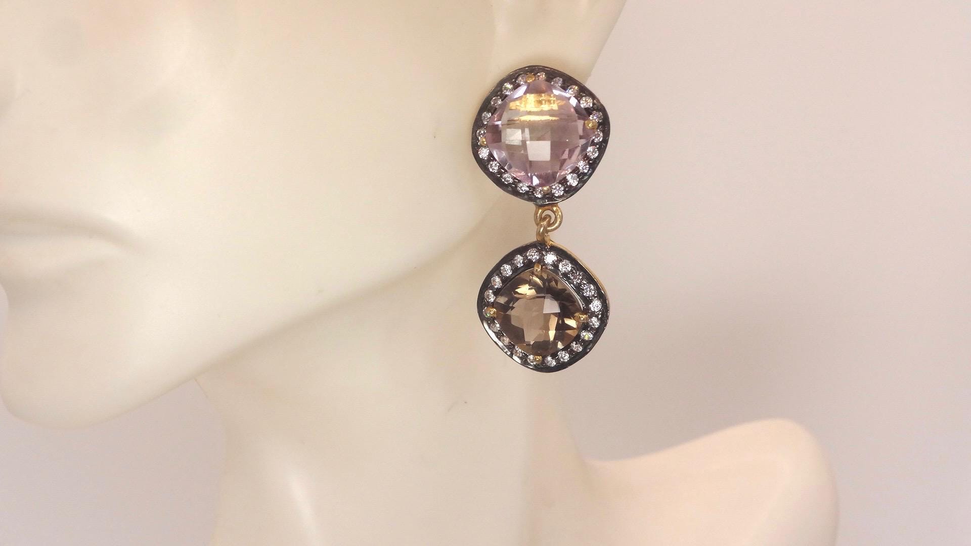 Vintage Genuine White Sapphire Mixed Gemstone Filigree Sterling Silver Dangle Earrings