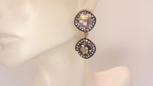Vintage Genuine White Sapphire Mixed Gemstone Filigree Sterling Silver Dangle Earrings