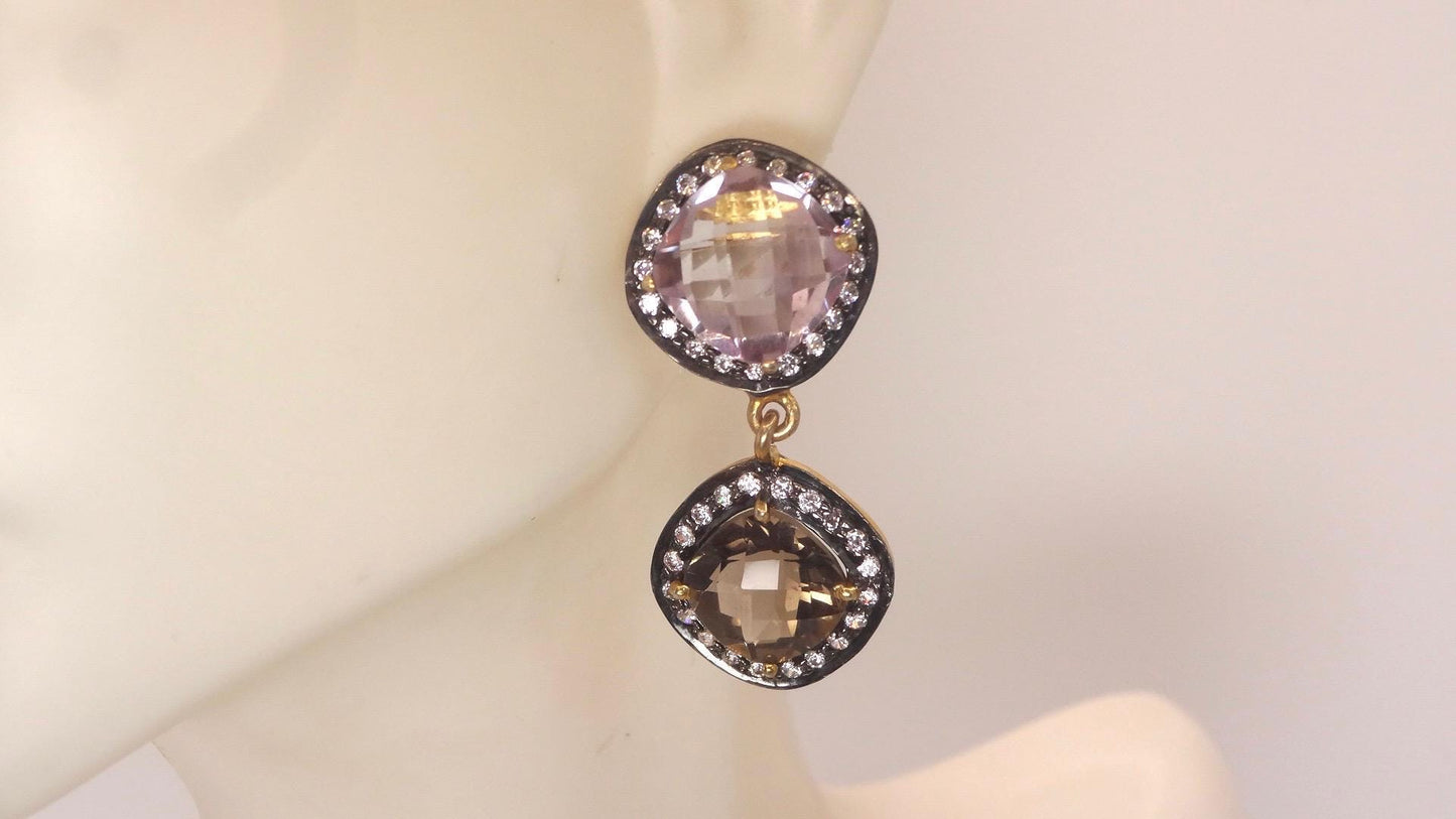 Vintage Genuine White Sapphire Mixed Gemstone Filigree Sterling Silver Dangle Earrings