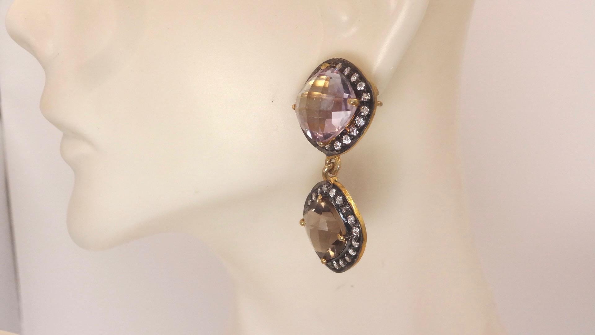 Vintage Genuine White Sapphire Mixed Gemstone Filigree Sterling Silver Dangle Earrings