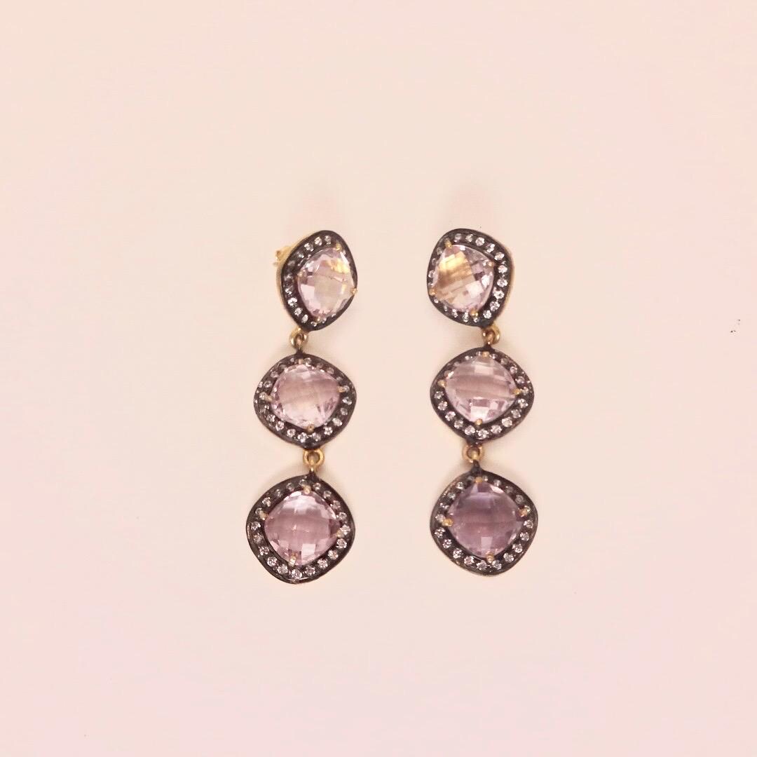 Vintage Rose Quartz Sterling Silver Dangle Earrings