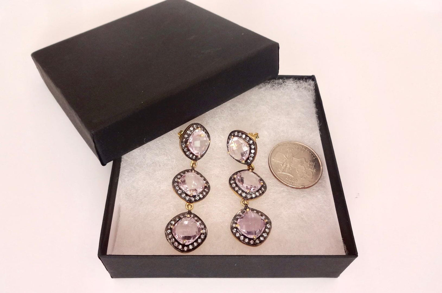 Vintage Rose Quartz Sterling Silver Dangle Earrings