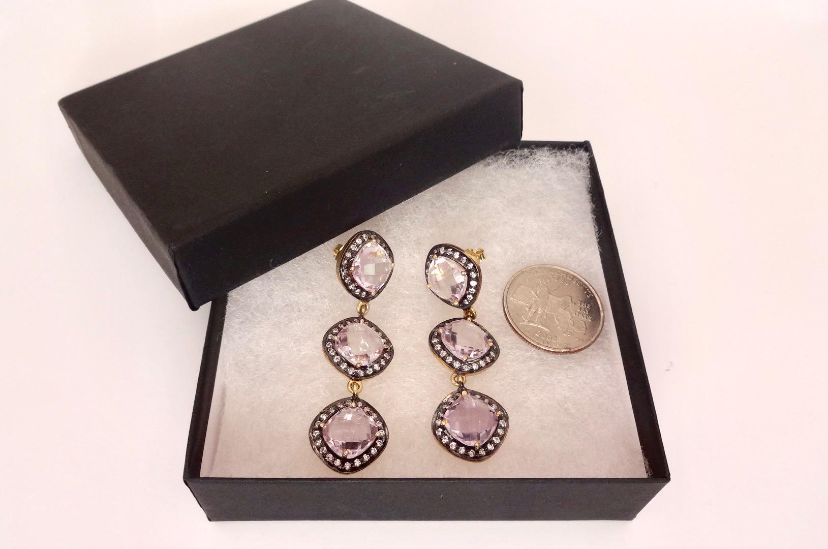 Vintage Rose Quartz Sterling Silver Dangle Earrings