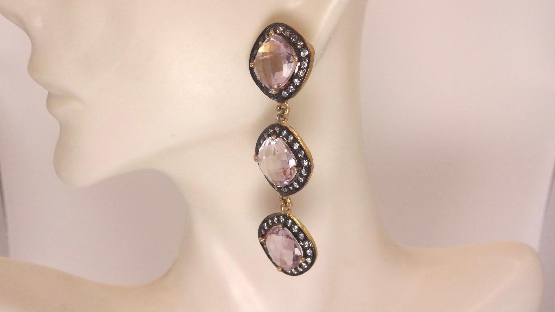 Vintage Rose Quartz Sterling Silver Dangle Earrings