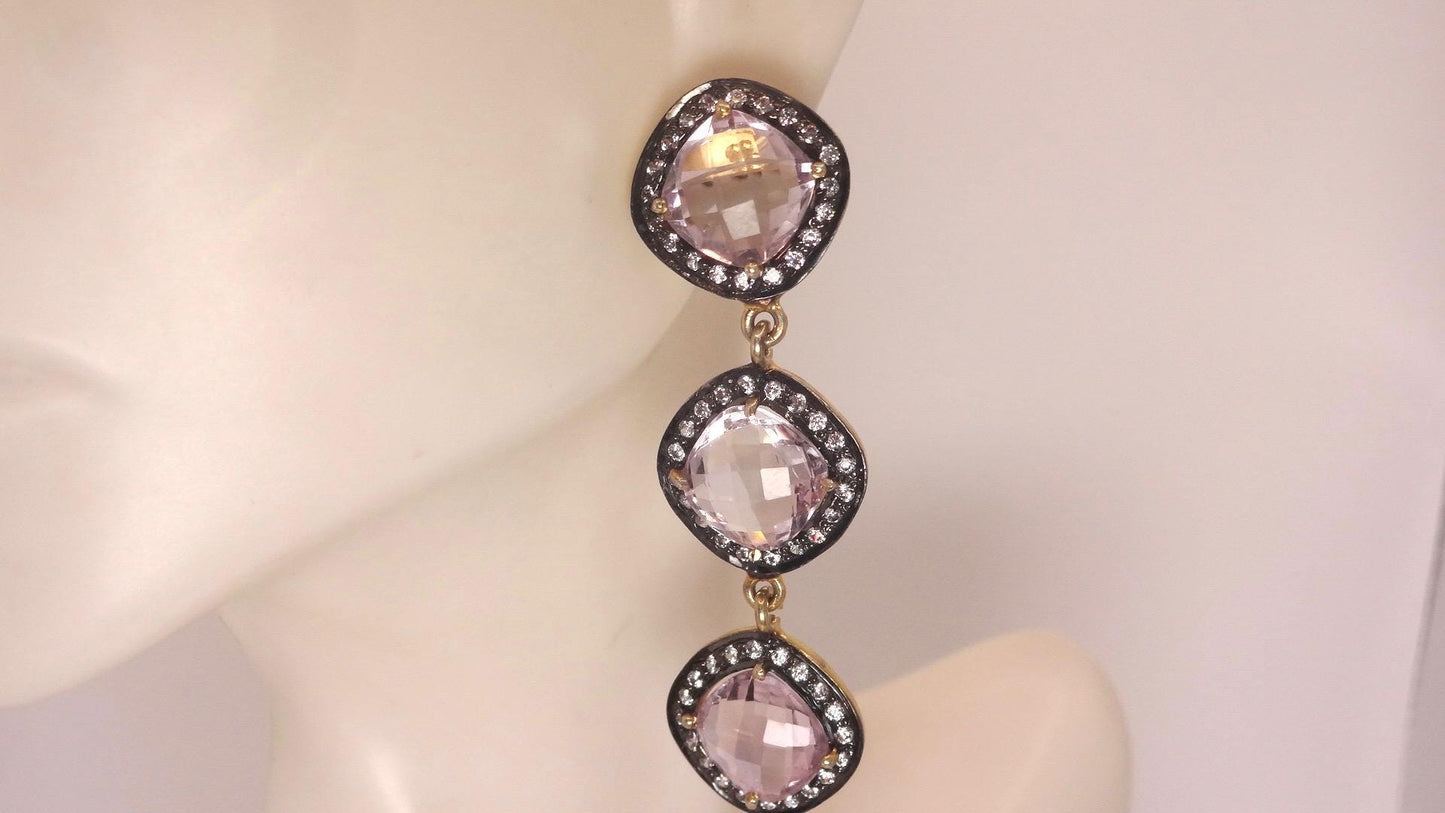 Vintage Rose Quartz Sterling Silver Dangle Earrings