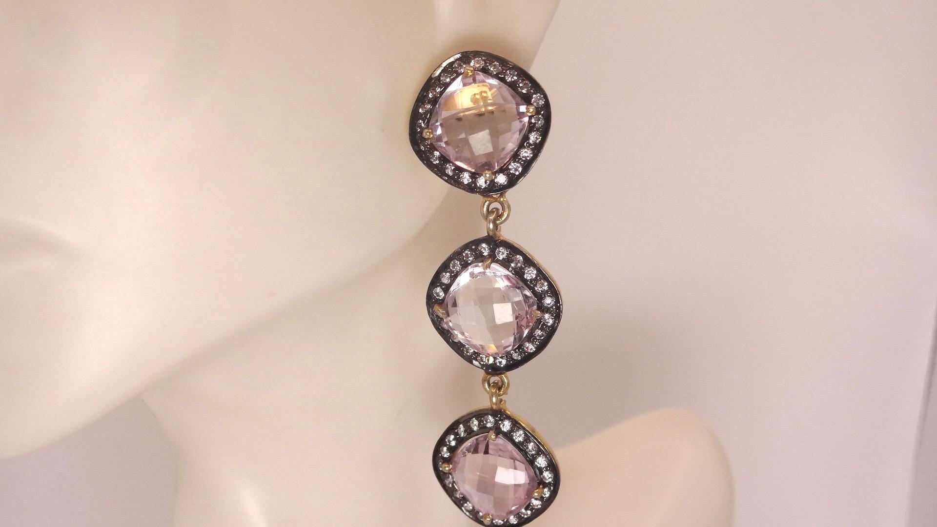 Vintage Rose Quartz Sterling Silver Dangle Earrings