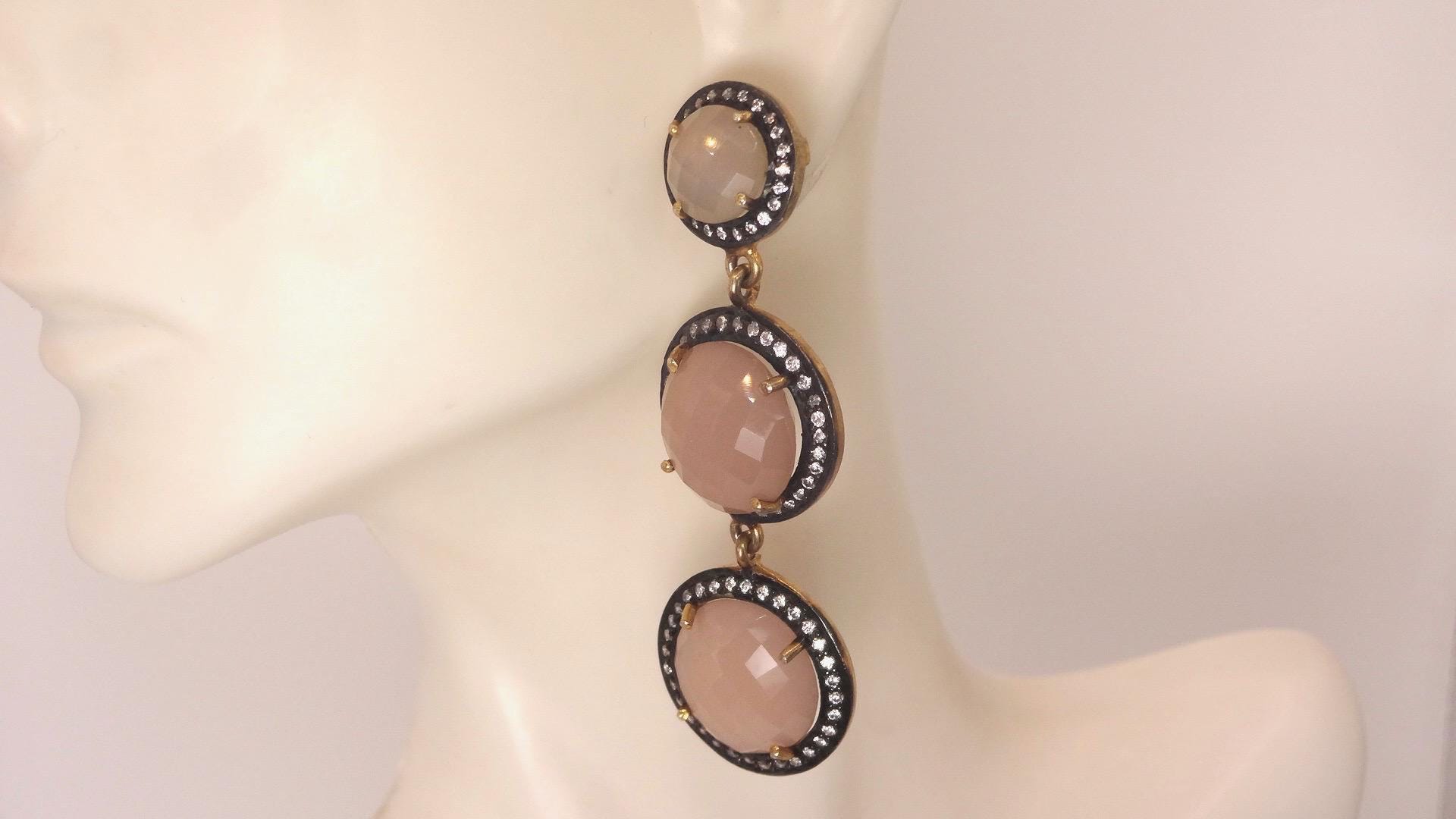 Vintage Rose Quartz Sterling Silver Dangle Earrings