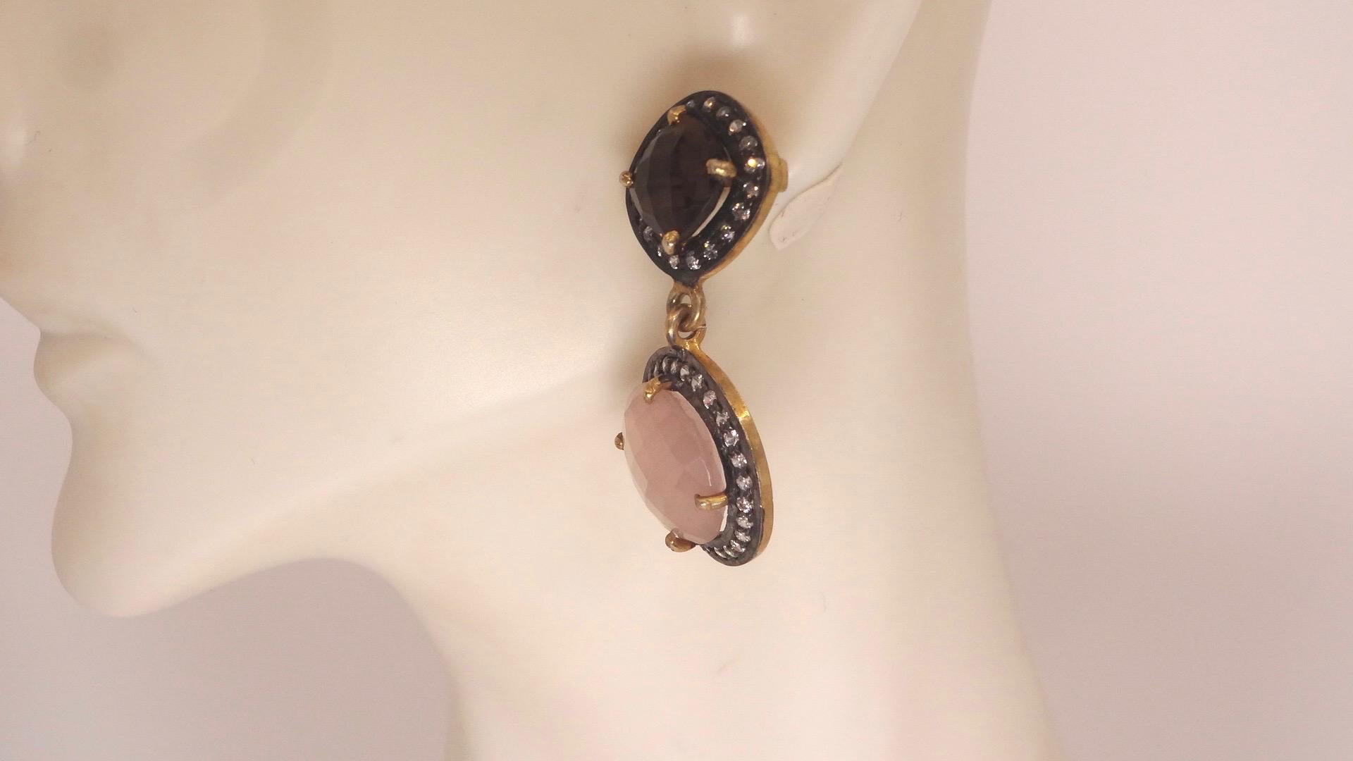 Vintage Rose Quartz Sterling Silver Dangle Earrings