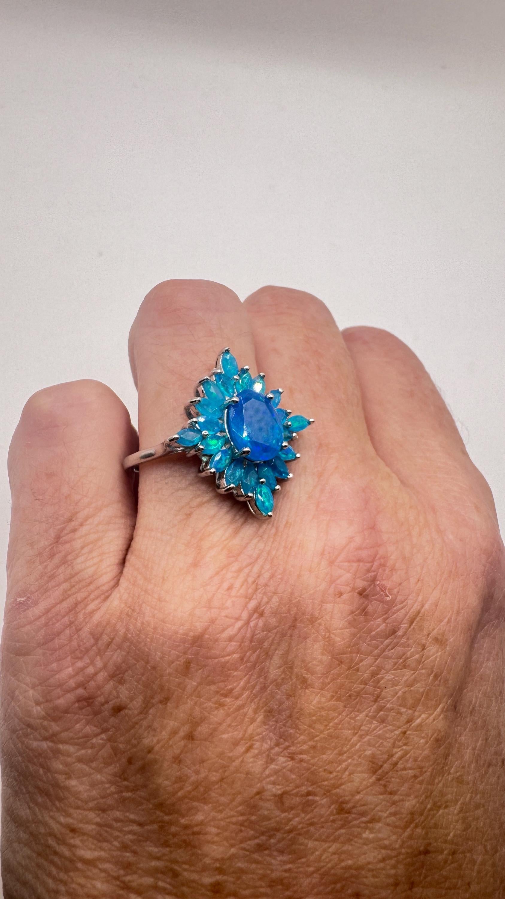 Vintage Blue Smoky Opal Ring 925 Sterling Silver Cocktail Size 8