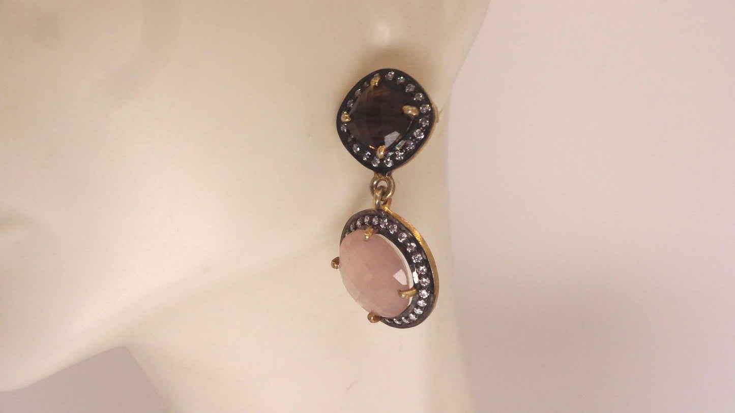 Vintage Rose Quartz Smoky Topaz Sterling Silver Dangle Earrings
