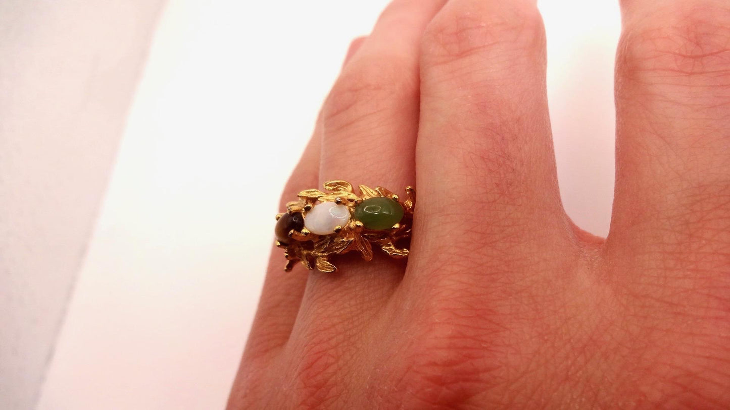 Vintage Jade Opal Tigers Eye Golden Filled Cocktail Ring Size 5.5