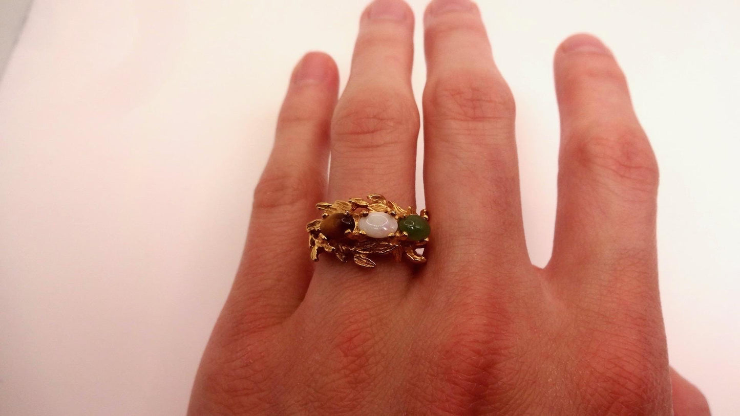 Vintage Jade Opal Tigers Eye Golden Filled Cocktail Ring Size 5.5