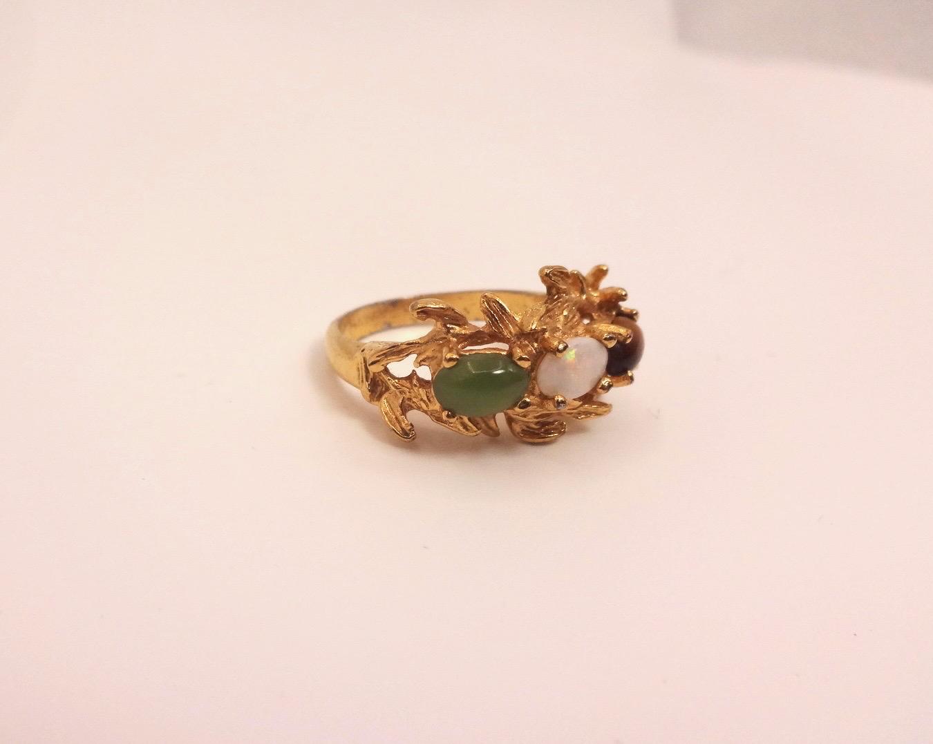 Vintage Jade Opal Tigers Eye Golden Filled Cocktail Ring Size 5.5
