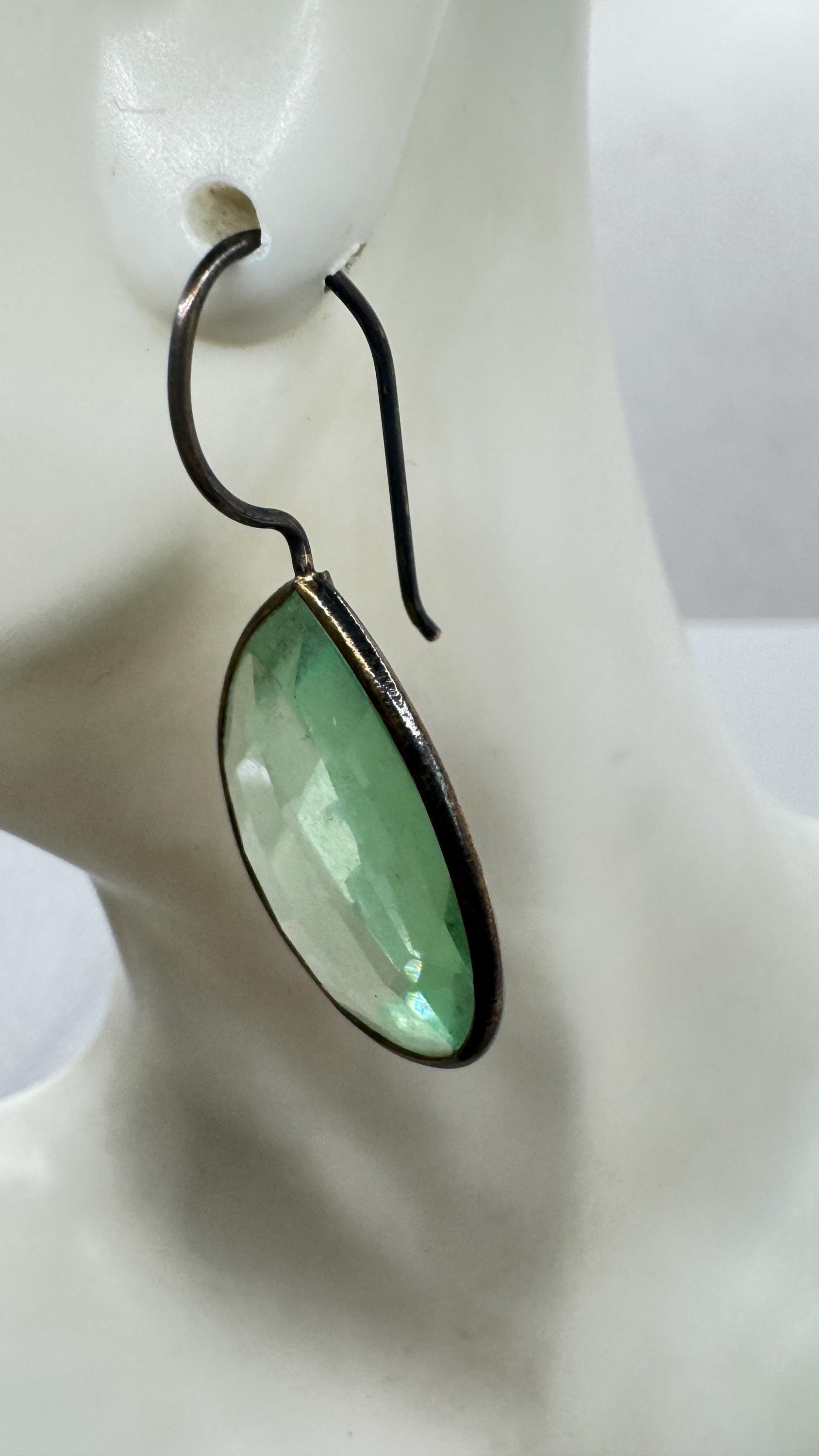 Antique Vintage Aqua Blue Volcanic Glass 925 Sterling Silver Dangle Earrings