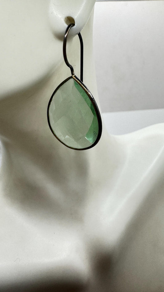 Antique Vintage Aqua Blue Volcanic Glass 925 Sterling Silver Dangle Earrings