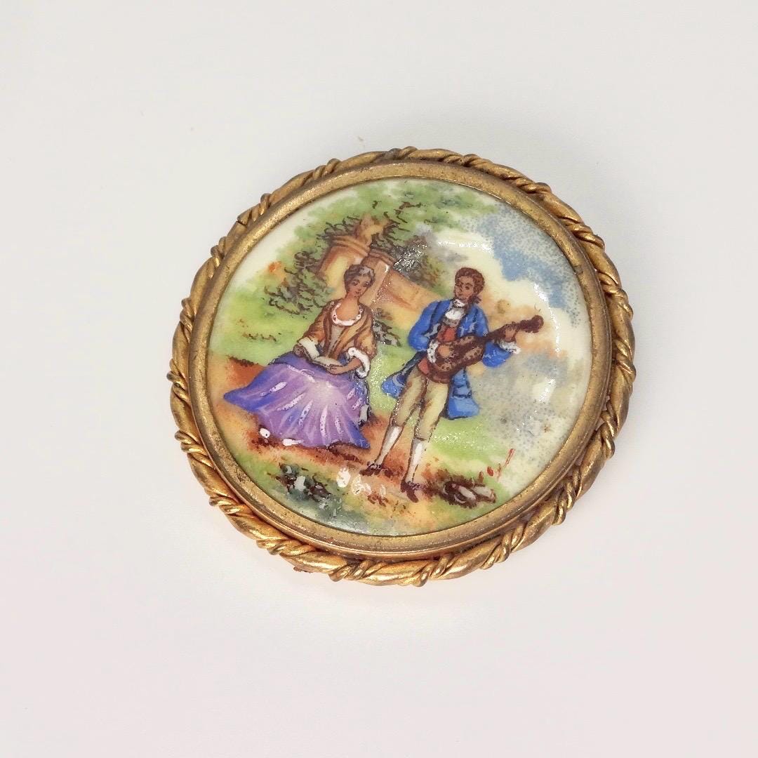 Vintage Genuine French Limoges Hand Painted Porcelian Cameo Bronze Necklace Choker pin