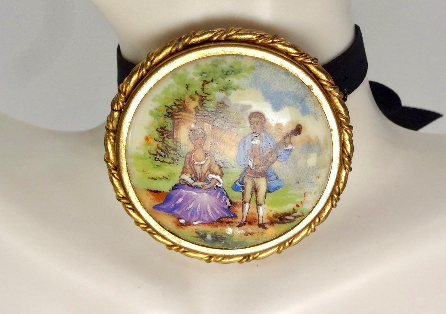 Vintage Genuine French Limoges Hand Painted Porcelian Cameo Bronze Necklace Choker pin
